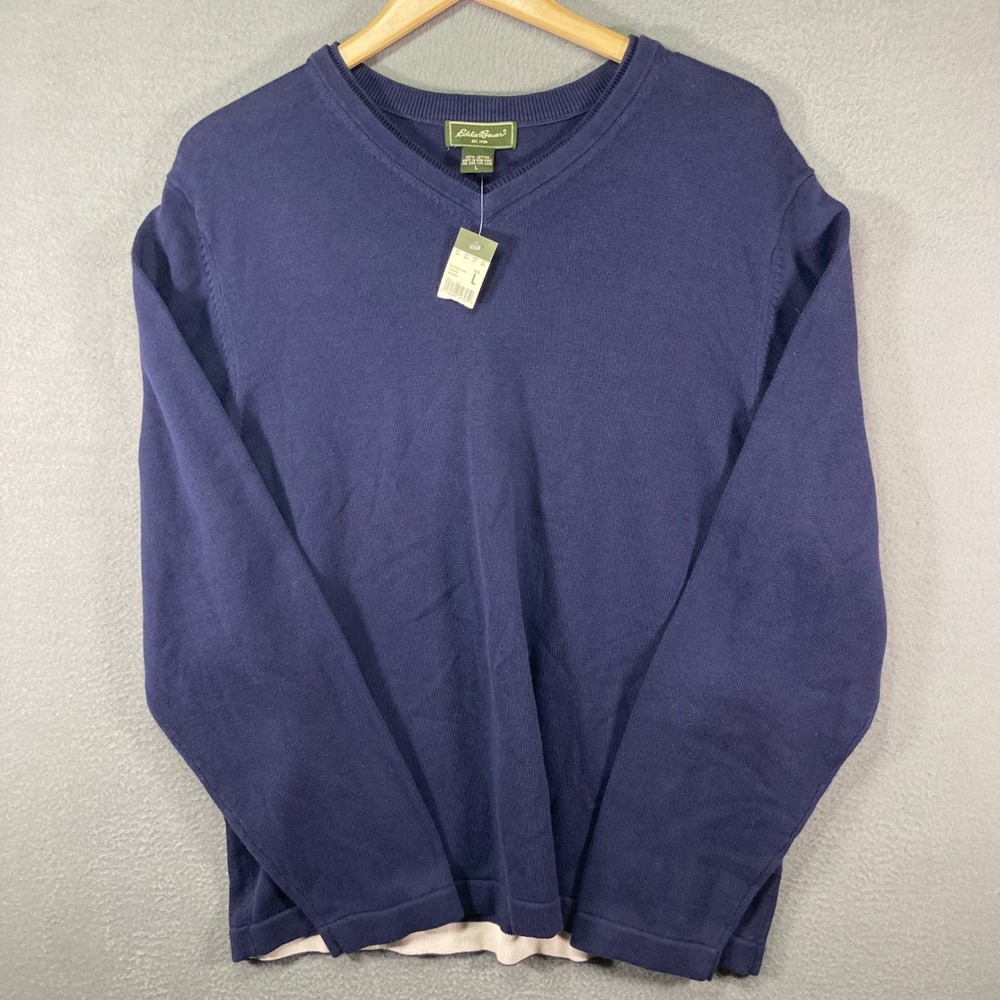 Eddie Bauer Cotton V Neck Sweater‎ Mens L Blue Knit Stretch Comfort Casual Work